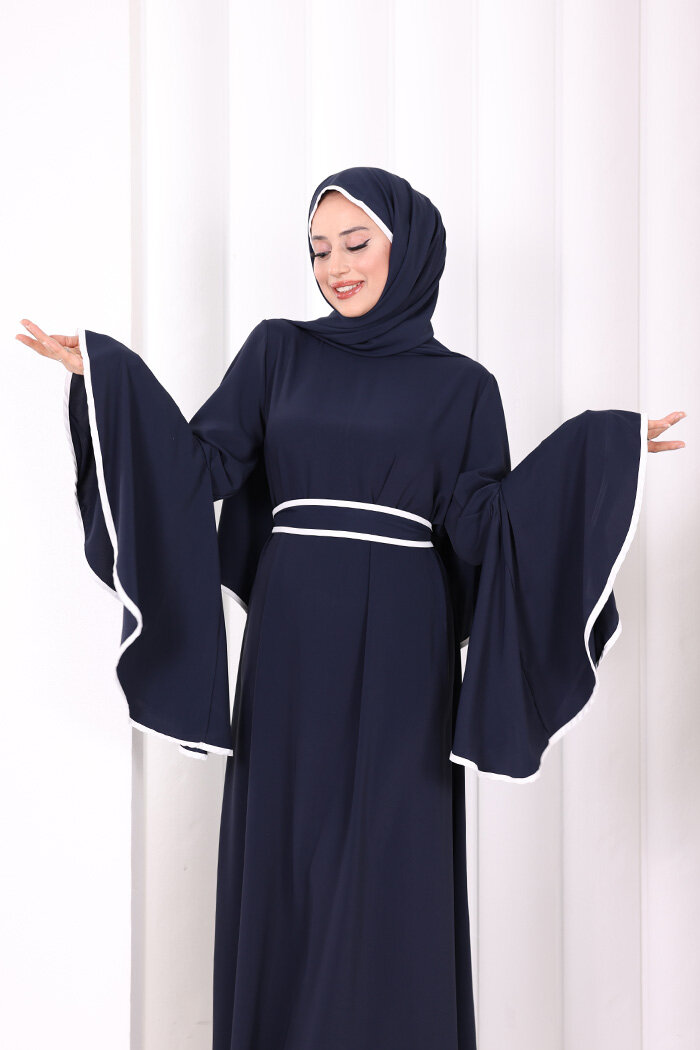 Kol Fırfır Şerit Detaylı Şallı Elbise 6084 Lacivert - 5