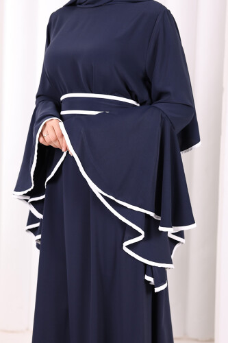Kol Fırfır Şerit Detaylı Şallı Elbise 6084 Lacivert - 6