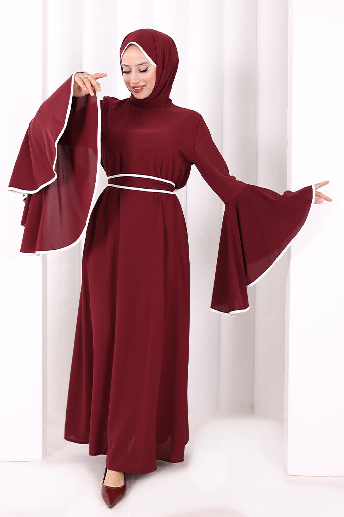 Kol Fırfır Şerit Detaylı Şallı Elbise 6084 Mürdüm - 1