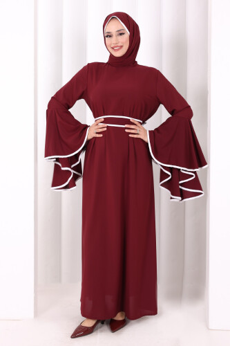 Kol Fırfır Şerit Detaylı Şallı Elbise 6084 Mürdüm - 2