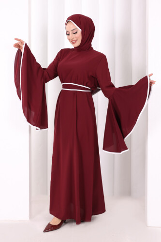 Kol Fırfır Şerit Detaylı Şallı Elbise 6084 Mürdüm - 3