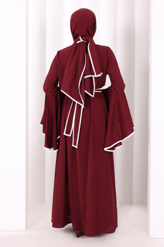 Kol Fırfır Şerit Detaylı Şallı Elbise 6084 Mürdüm - 4