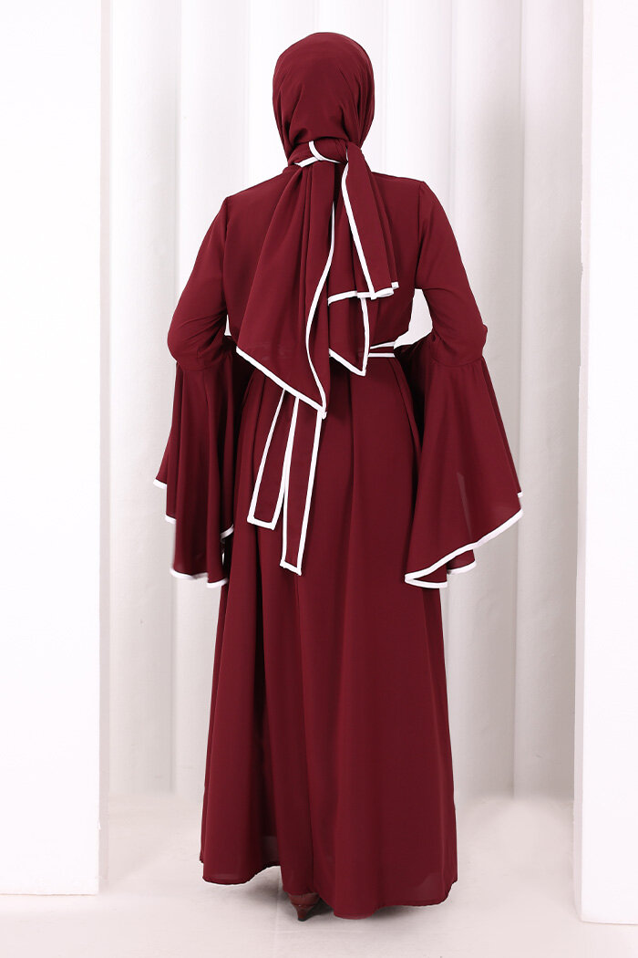 Kol Fırfır Şerit Detaylı Şallı Elbise 6084 Mürdüm - 4