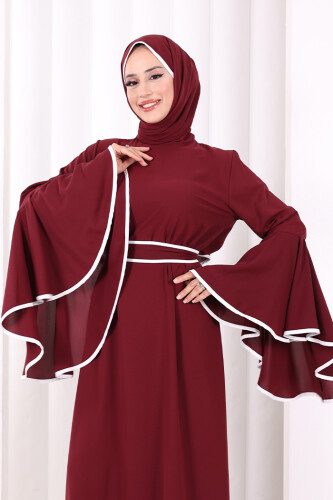 Kol Fırfır Şerit Detaylı Şallı Elbise 6084 Mürdüm - 5