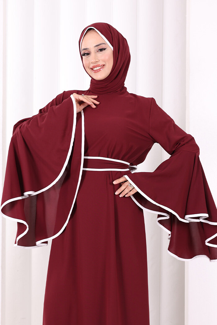 Kol Fırfır Şerit Detaylı Şallı Elbise 6084 Mürdüm - 5