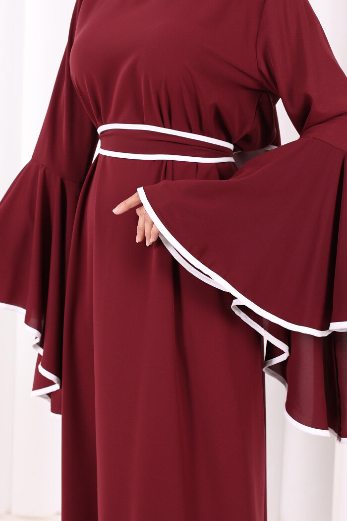 Kol Fırfır Şerit Detaylı Şallı Elbise 6084 Mürdüm - 6