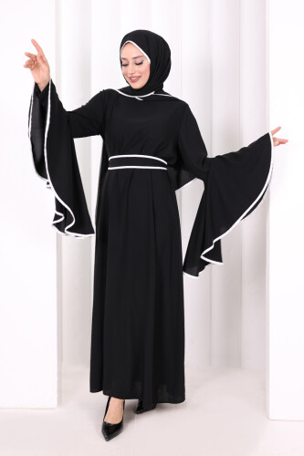 Kol Fırfır Şerit Detaylı Şallı Elbise 6084 Siyah - 2