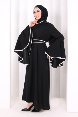 Kol Fırfır Şerit Detaylı Şallı Elbise 6084 Siyah - 3