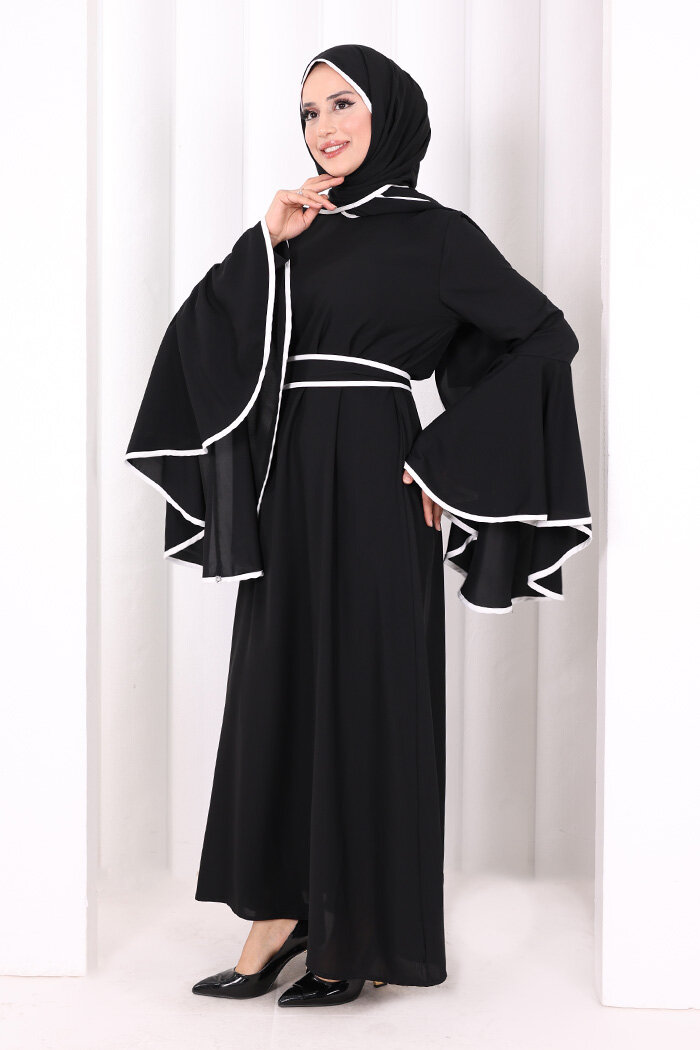 Kol Fırfır Şerit Detaylı Şallı Elbise 6084 Siyah - 3