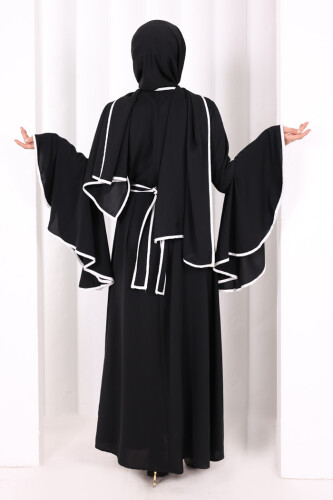 Kol Fırfır Şerit Detaylı Şallı Elbise 6084 Siyah - 4