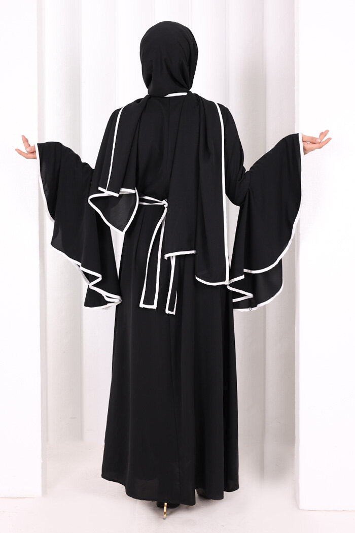 Kol Fırfır Şerit Detaylı Şallı Elbise 6084 Siyah - 4