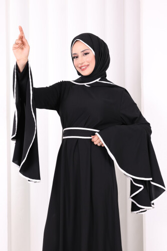 Kol Fırfır Şerit Detaylı Şallı Elbise 6084 Siyah - 5