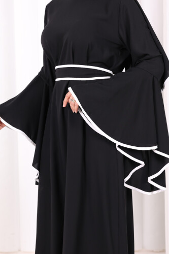 Kol Fırfır Şerit Detaylı Şallı Elbise 6084 Siyah - 6