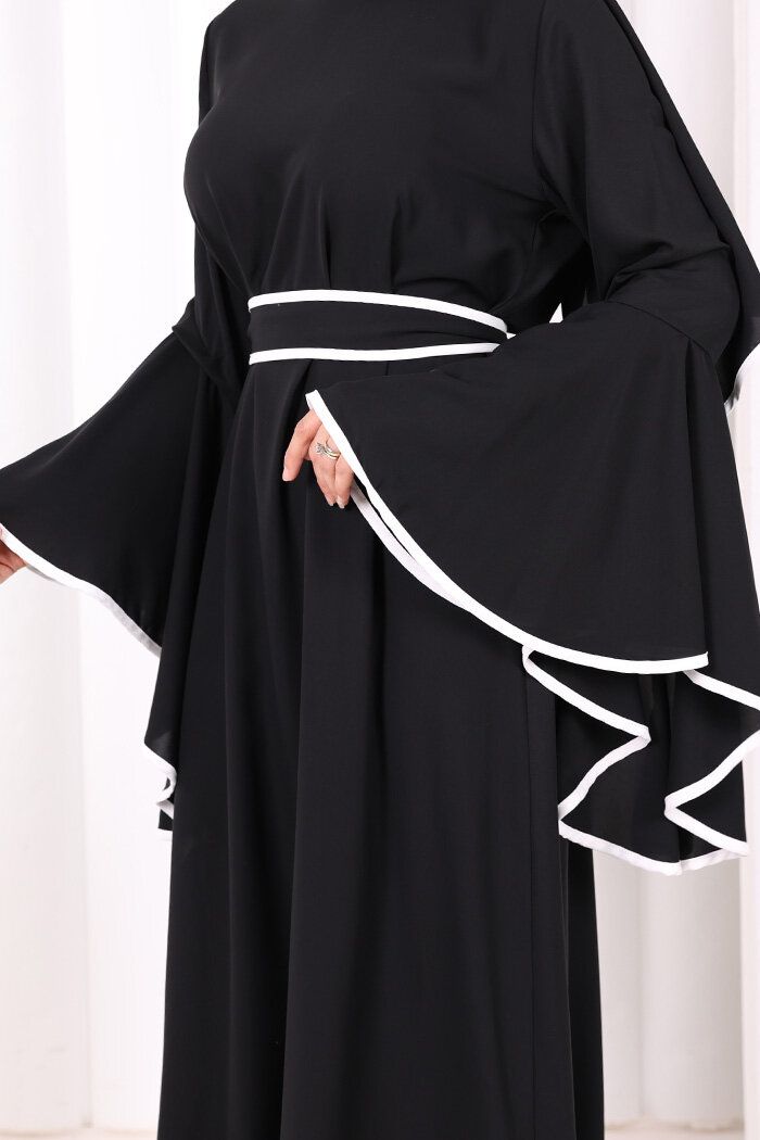 Kol Fırfır Şerit Detaylı Şallı Elbise 6084 Siyah - 6