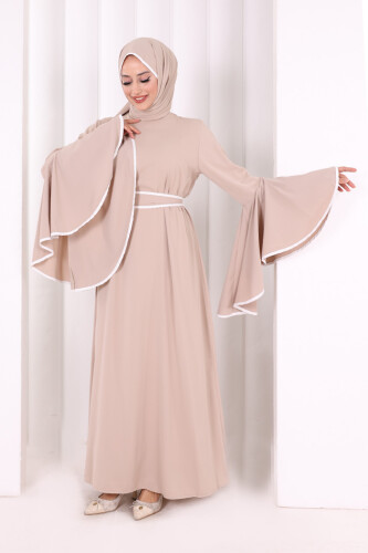 Kol Fırfır Şerit Detaylı Şallı Elbise 6084 Vizon 