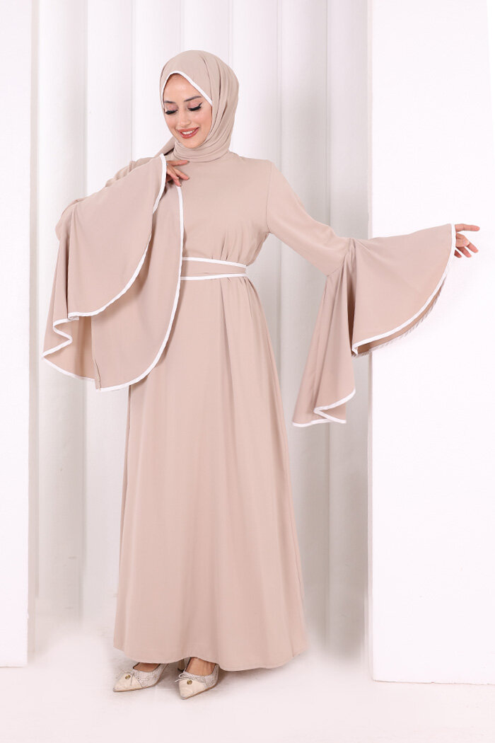 Kol Fırfır Şerit Detaylı Şallı Elbise 6084 Vizon - 1