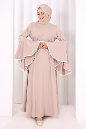 Kol Fırfır Şerit Detaylı Şallı Elbise 6084 Vizon - 2