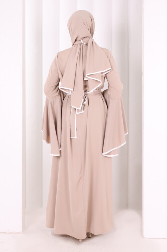 Kol Fırfır Şerit Detaylı Şallı Elbise 6084 Vizon - 3