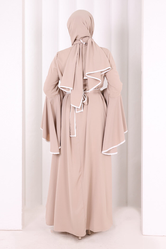 Kol Fırfır Şerit Detaylı Şallı Elbise 6084 Vizon - 3