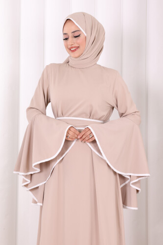 Kol Fırfır Şerit Detaylı Şallı Elbise 6084 Vizon - 4