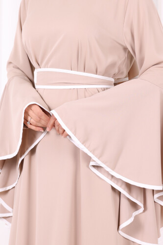 Kol Fırfır Şerit Detaylı Şallı Elbise 6084 Vizon - 5