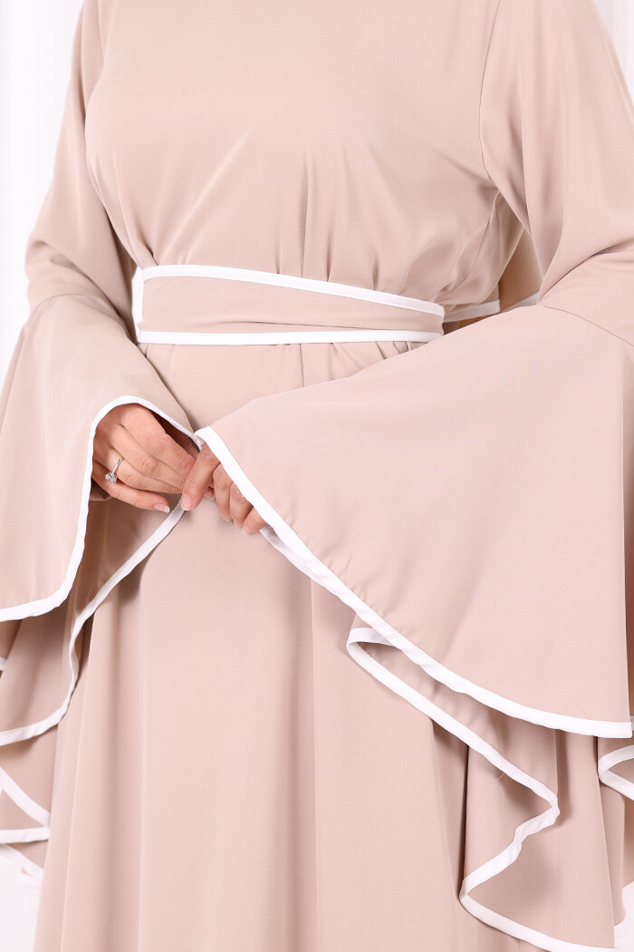 Kol Fırfır Şerit Detaylı Şallı Elbise 6084 Vizon - 5