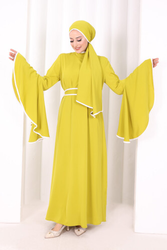 Kol Fırfır Şerit Detaylı Şallı Elbise 6084 Yağ Yeşili