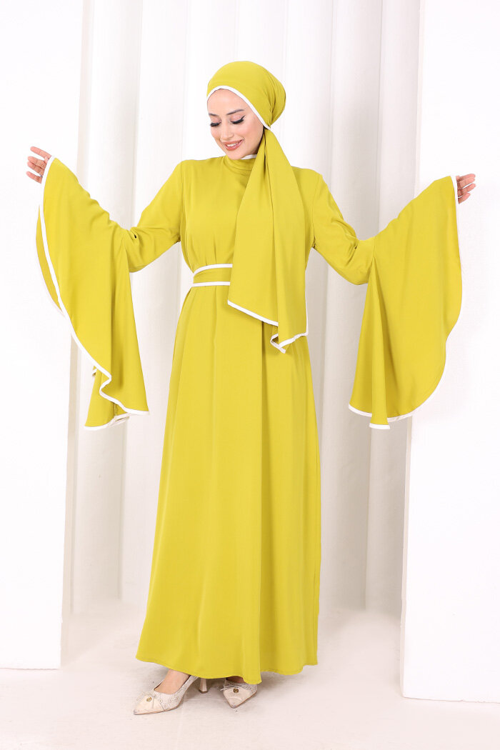 Kol Fırfır Şerit Detaylı Şallı Elbise 6084 Yağ Yeşili - 1