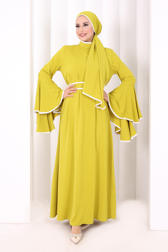 Kol Fırfır Şerit Detaylı Şallı Elbise 6084 Yağ Yeşili - 2