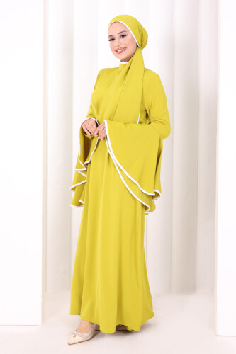 Kol Fırfır Şerit Detaylı Şallı Elbise 6084 Yağ Yeşili - 3