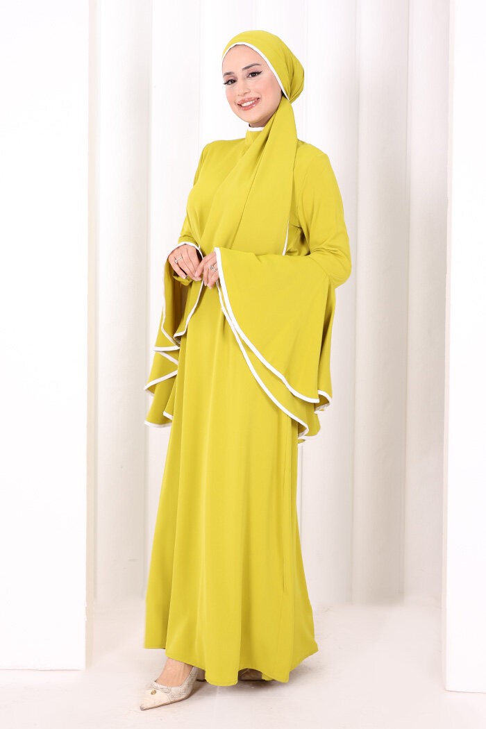 Kol Fırfır Şerit Detaylı Şallı Elbise 6084 Yağ Yeşili - 3