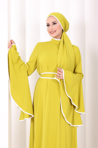 Kol Fırfır Şerit Detaylı Şallı Elbise 6084 Yağ Yeşili - 4