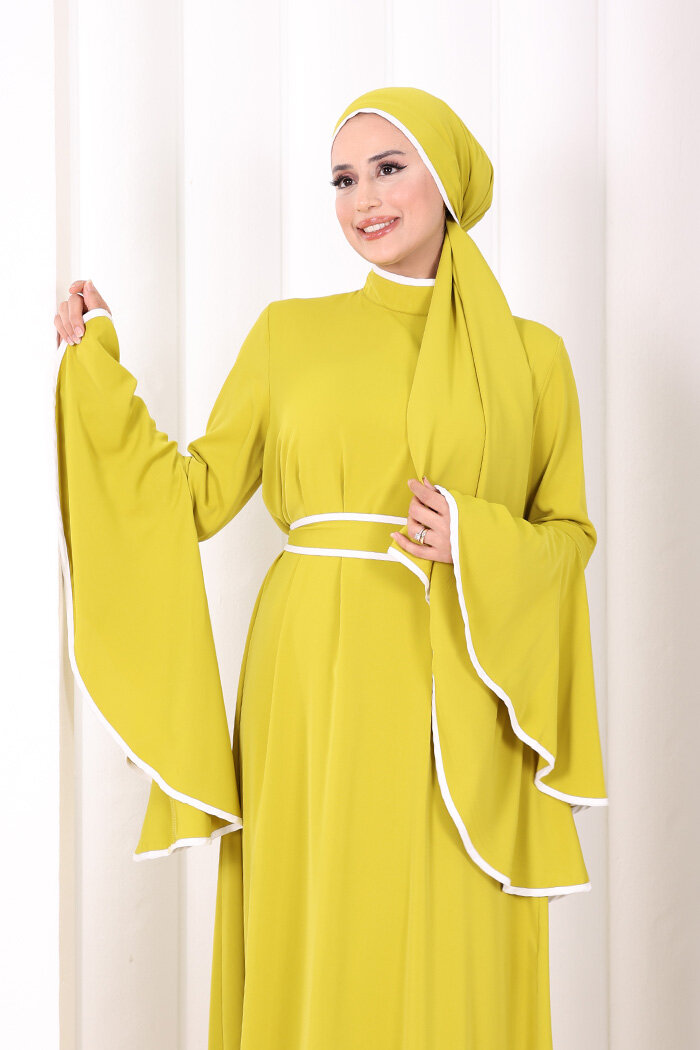 Kol Fırfır Şerit Detaylı Şallı Elbise 6084 Yağ Yeşili - 4