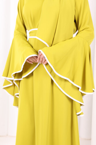 Kol Fırfır Şerit Detaylı Şallı Elbise 6084 Yağ Yeşili - 5