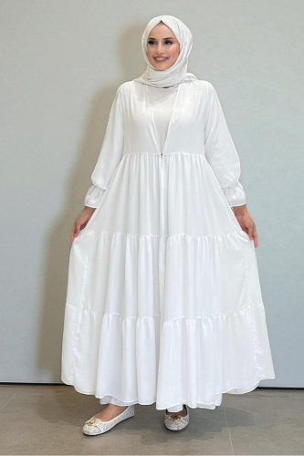 Kol Lastikli Kat Görünümlü Abayalı Elbise Takım 3859 Ekru - Bym Fashion