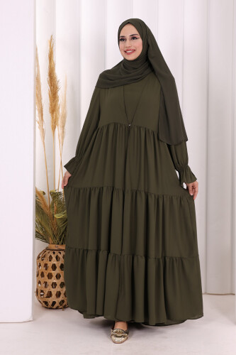 Kol Lastikli Kat Görünümlü Abayalı Elbise Takım 3859 Haki - 1