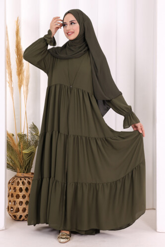Kol Lastikli Kat Görünümlü Abayalı Elbise Takım 3859 Haki - 3