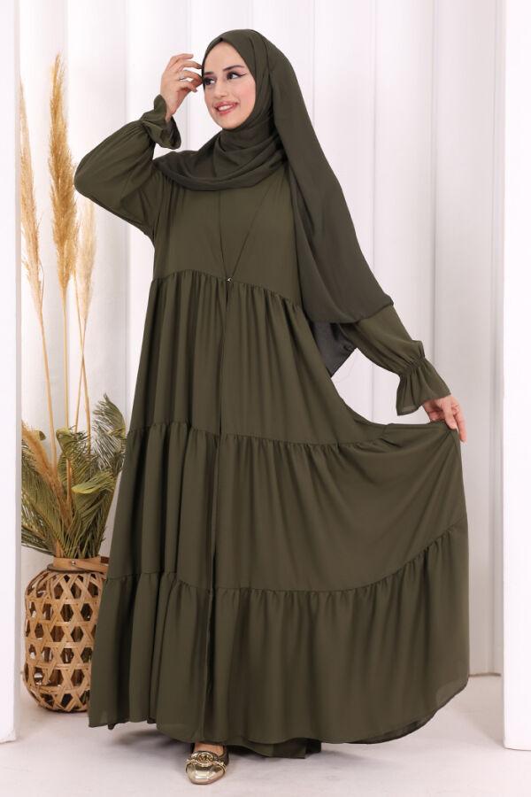 Kol Lastikli Kat Görünümlü Abayalı Elbise Takım 3859 Haki - 3