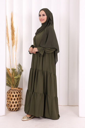 Kol Lastikli Kat Görünümlü Abayalı Elbise Takım 3859 Haki - 4