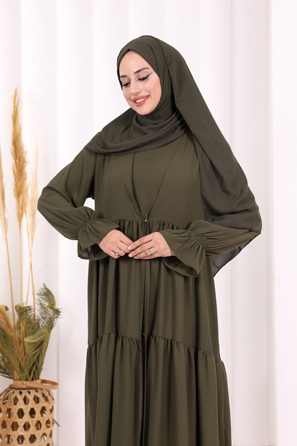 Kol Lastikli Kat Görünümlü Abayalı Elbise Takım 3859 Haki - 6