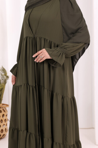Kol Lastikli Kat Görünümlü Abayalı Elbise Takım 3859 Haki - 7
