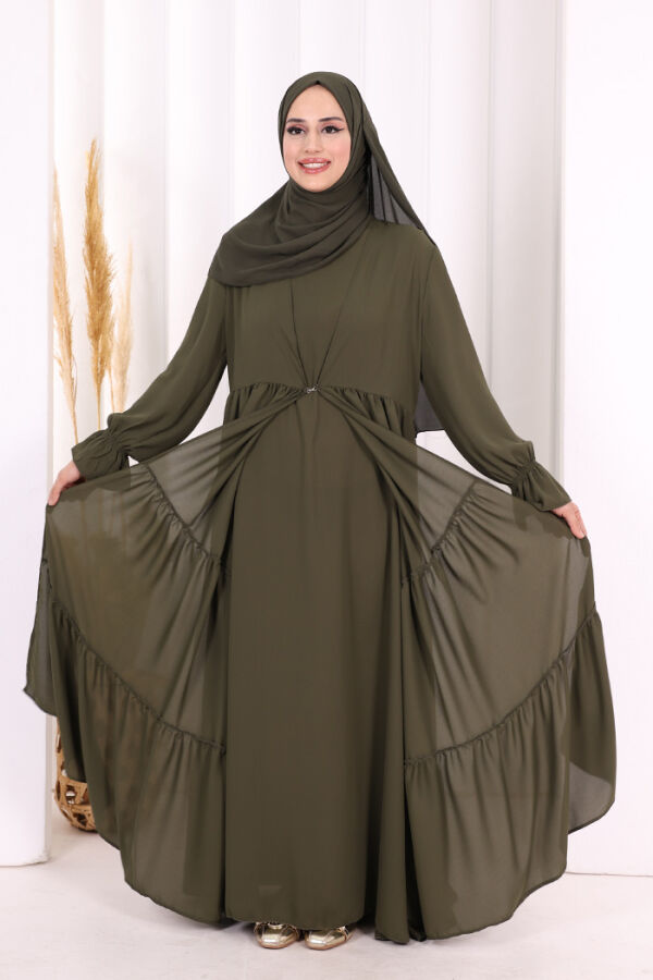 Kol Lastikli Kat Görünümlü Abayalı Elbise Takım 3859 Haki - 8