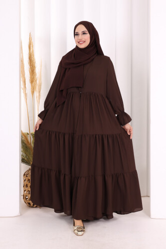Kol Lastikli Kat Görünümlü Abayalı Elbise Takım 3859 Kahverengi