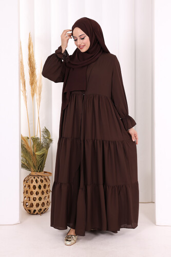Kol Lastikli Kat Görünümlü Abayalı Elbise Takım 3859 Kahverengi - 3