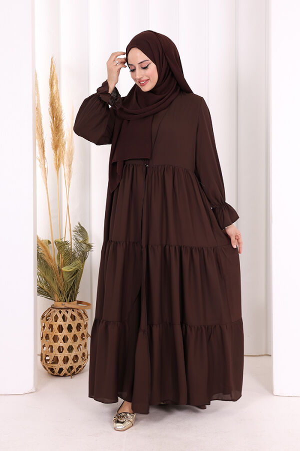 Kol Lastikli Kat Görünümlü Abayalı Elbise Takım 3859 Kahverengi - 3