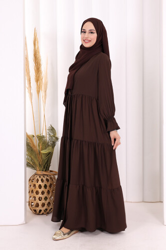 Kol Lastikli Kat Görünümlü Abayalı Elbise Takım 3859 Kahverengi - 4