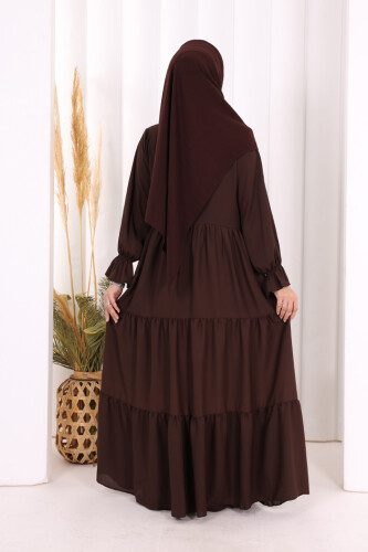 Kol Lastikli Kat Görünümlü Abayalı Elbise Takım 3859 Kahverengi - 5
