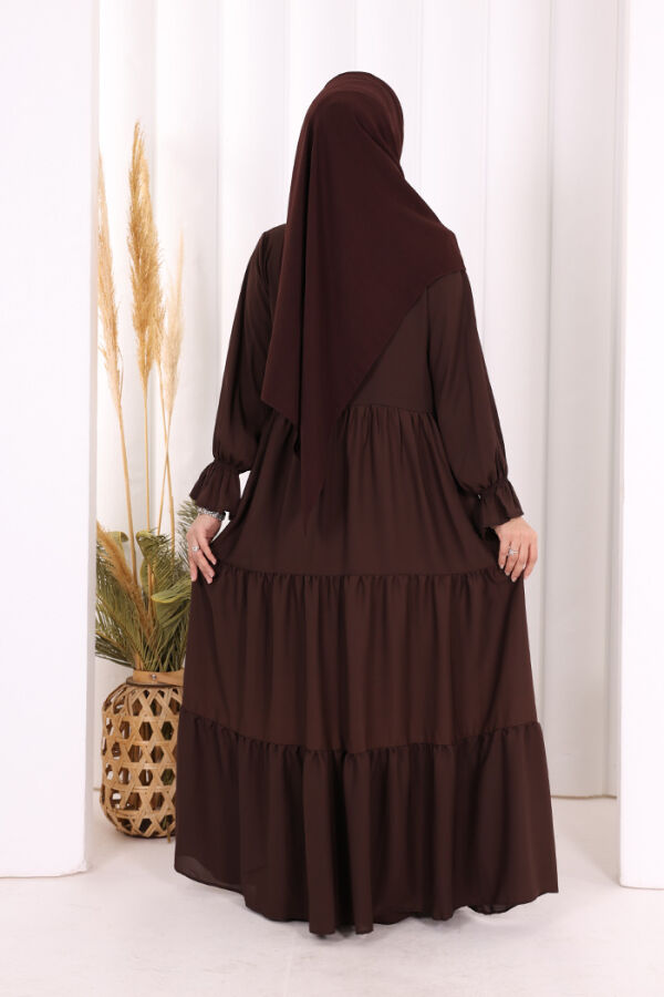 Kol Lastikli Kat Görünümlü Abayalı Elbise Takım 3859 Kahverengi - 5