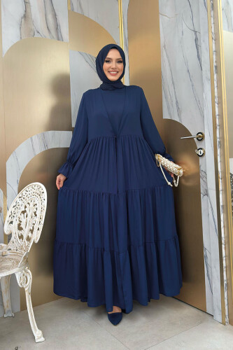 Kol Lastikli Kat Görünümlü Abayalı Elbise Takım 3859 Lacivert - bym fashion