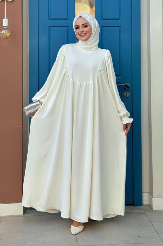 Kol Manşetleri Büzgülü Elbise 6004 Ekru - Bym Fashion